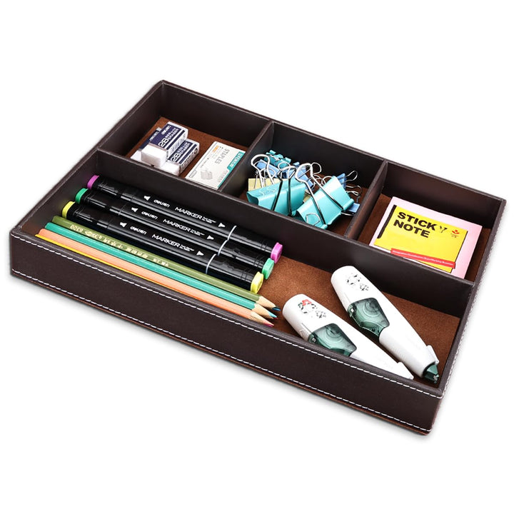 Pu Leather Desk Organizer Tray, 4 Compartment Office Storage Supplies Stationery Drawer Tray, Nightstand Bedside Tray for Key, Wallet, Watch, Coin, Phone Valet Tray Stackable