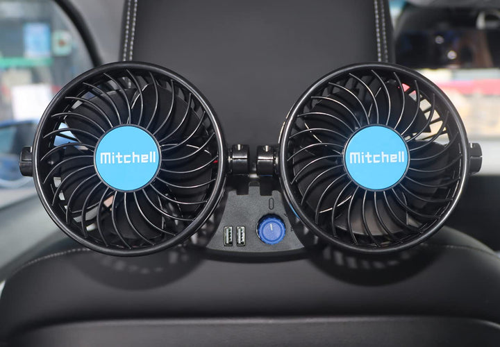 12 Volt Car Fan for Back Seat, Portable Car Seat Fan car essentials, Headrest 360°Rotatable Dual Head Cooling Fan with 2 USB Charging Port & Cigarette Lighter Plug for Vehicles, SUV, RV, Boat