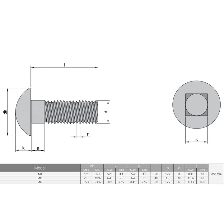 2Pcs M120mm 1.75mm Pitch Length 304 Stainless Steel Round Domed Head Square Neck Carriage Bolts Silver Tone