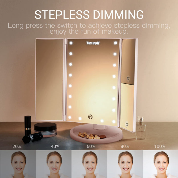 Vanity Mirror Makeup Mirror with Lights, Trifold Makeup Mirror HD 1X 2X 3X Magnification, 21 LED Lights, Touch Control, Dual Power 180°Rotation Portable Beauty Mirror, Gift for Women