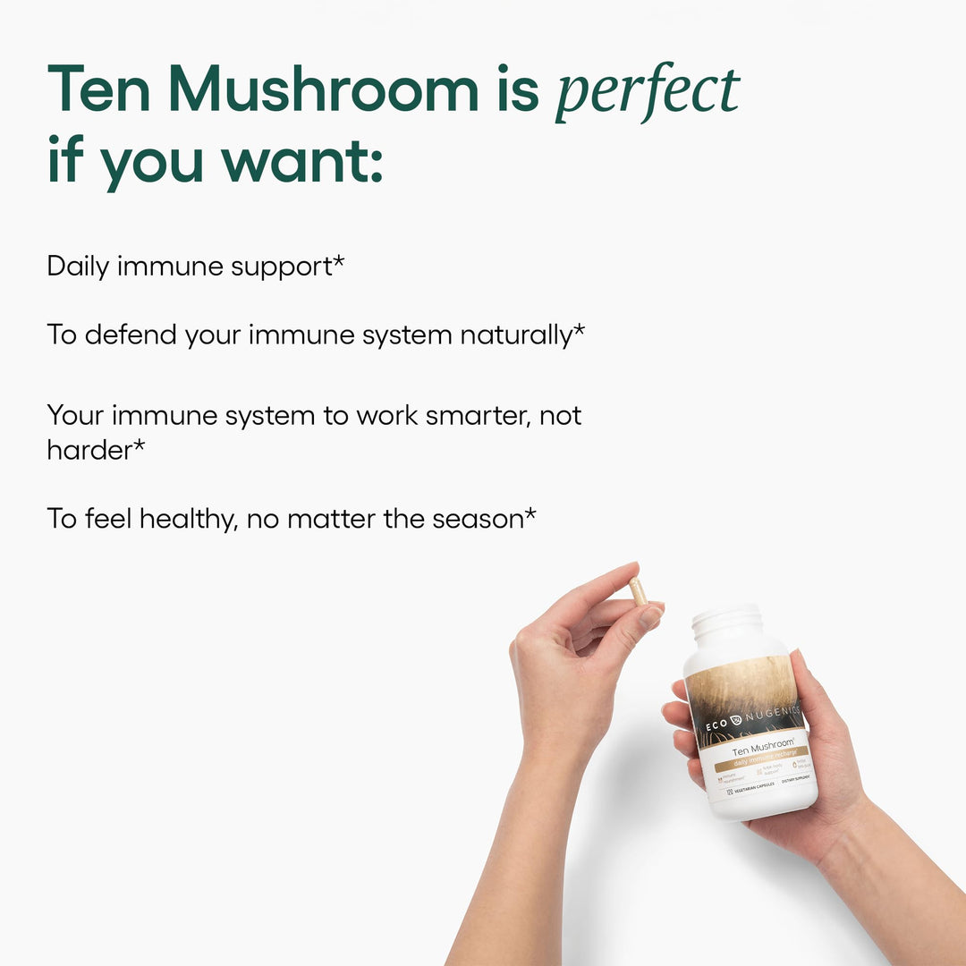 Ten Mushroom Supplement: Daily Immune Support, 120 Capsules – Lion’s Mane, Reishi, Cordyceps, Turkey Tail, Maitake, Shiitake – Energy, Gut Health, Liver, Kidney & Nootropic Brain Support