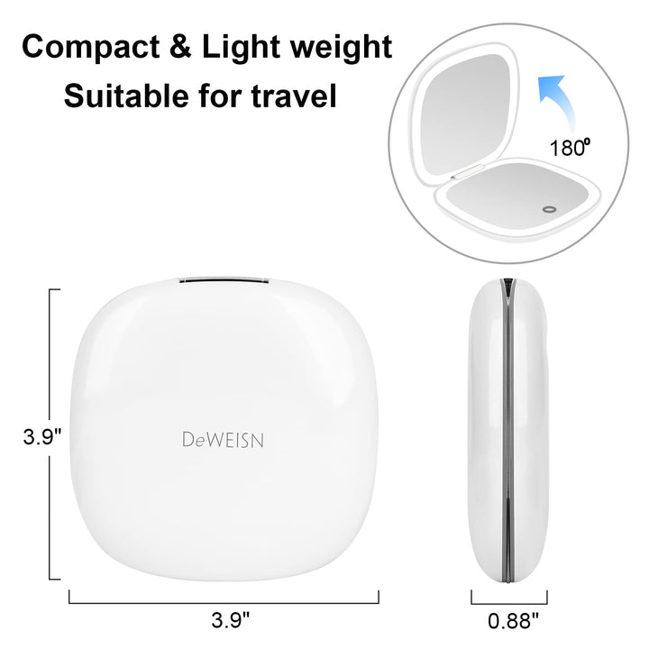 Compact Mirror, Lighted Travel Makeup Mirror with 1X/10X Magnifying Double Sided Dimmable Portable Pocket for Handbag and Pocket, USB Charging(White)