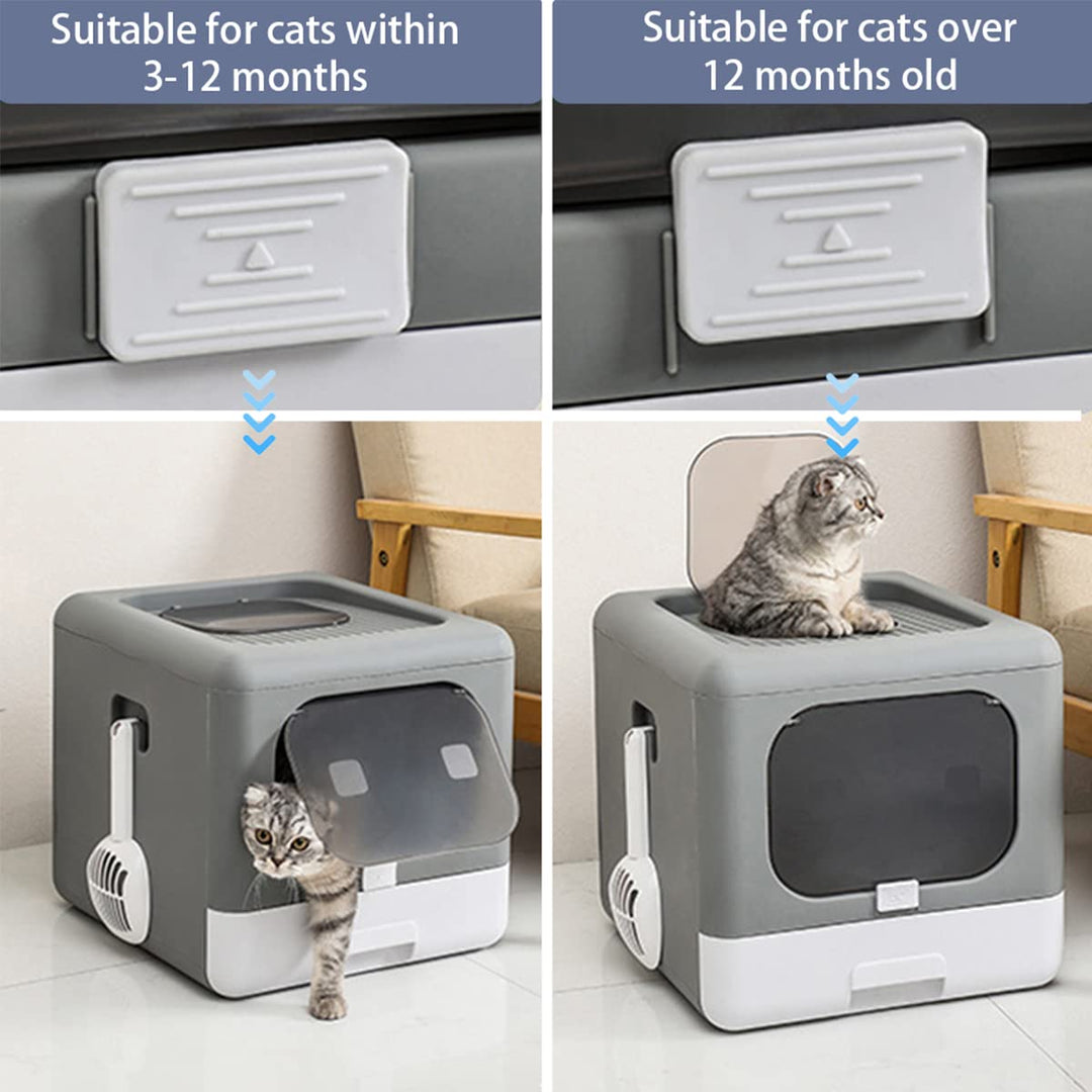 Top Entry Foldable Cat Litter Box with Lid, Plastic Scoop,Extra Large Space,Drawer Structure,Closed Smell Proof Anti-Splashing,Split Type for Easy Cleaning (New Grey)