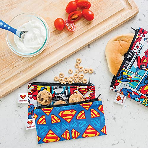 Reusable Snack Bags, for Kids School Lunch and for Adults Portion, Washable Fabric, Waterproof Cloth Zip Bag, Supplies Travel Pouch, Food-Safe, 2-pk Superman DC Comics
