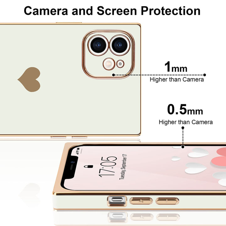 Compatible with iPhone 12 Case Rectangle Cute Plating Gold Luxury Love Heart Phone Case for Women Girls Shockproof Raised Full Camera Lens Protection Bumper Cover for iPhone 12, White