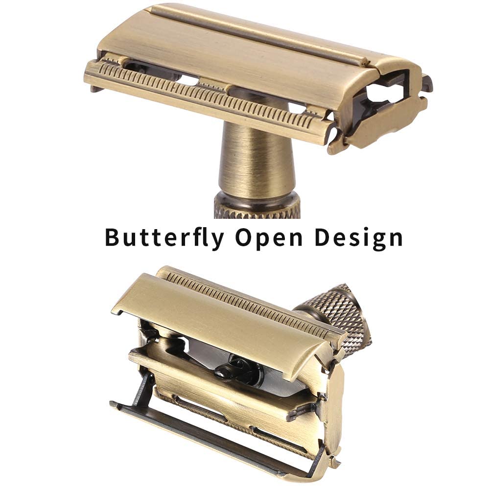 Double Edge Safety Razors,Classic Men Shaving Butterfly Open Razor - Bronze Long Handle Women Razors With 5 Blades,Reusable Metal Brass Manual Shaver Close Comb