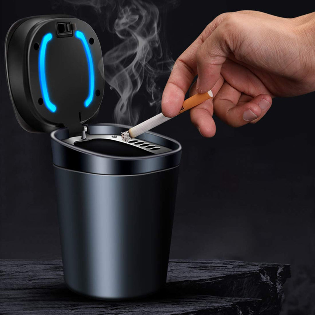 Car Ashtray Stainless Steel Cigarette Ashtray Easy Clean Up Detachable Smokeless Ashtray Cup Holder with Blue LED Light Indicator Smokeless for Most Car - Black