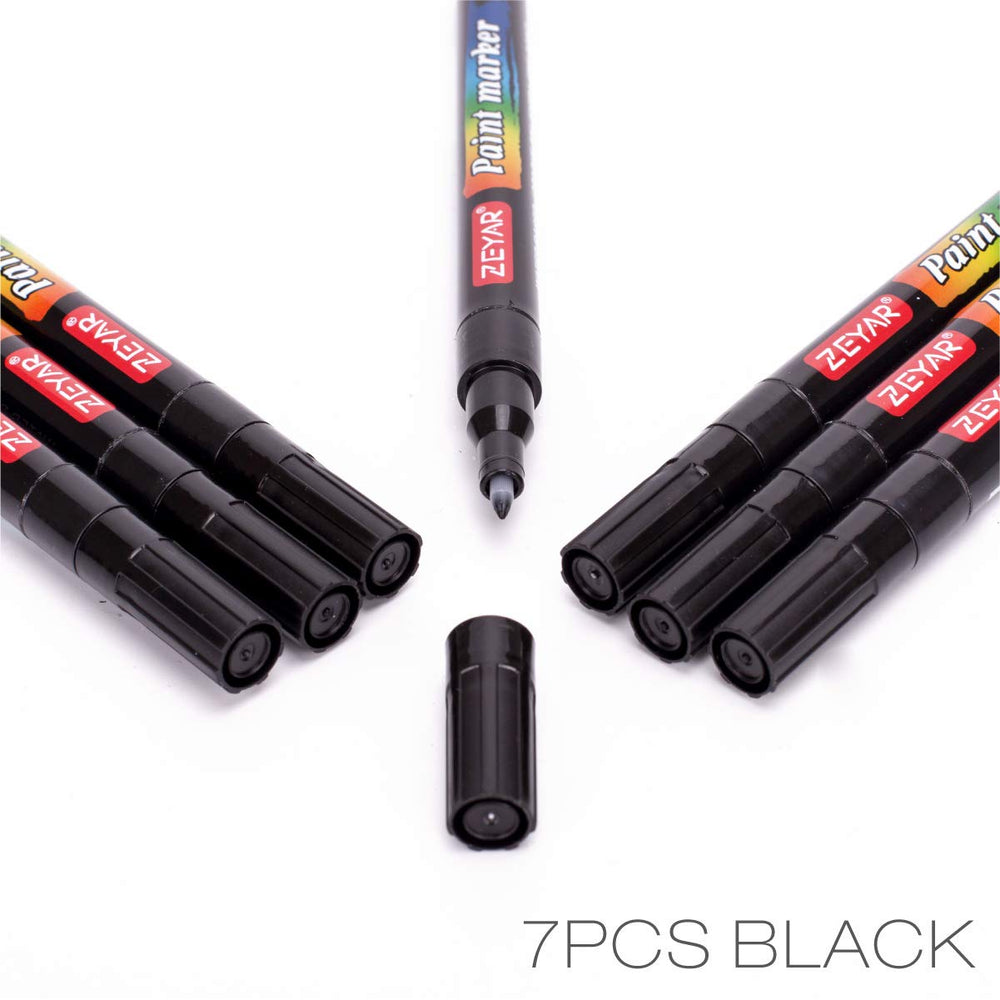 Black Acrylic Paint pen, Water Based, Set of 7, Extra Fine Point, Great for Rock Painting, Ceramic, Glass, Wood and smooth surfaces, Opaque ink (Black)