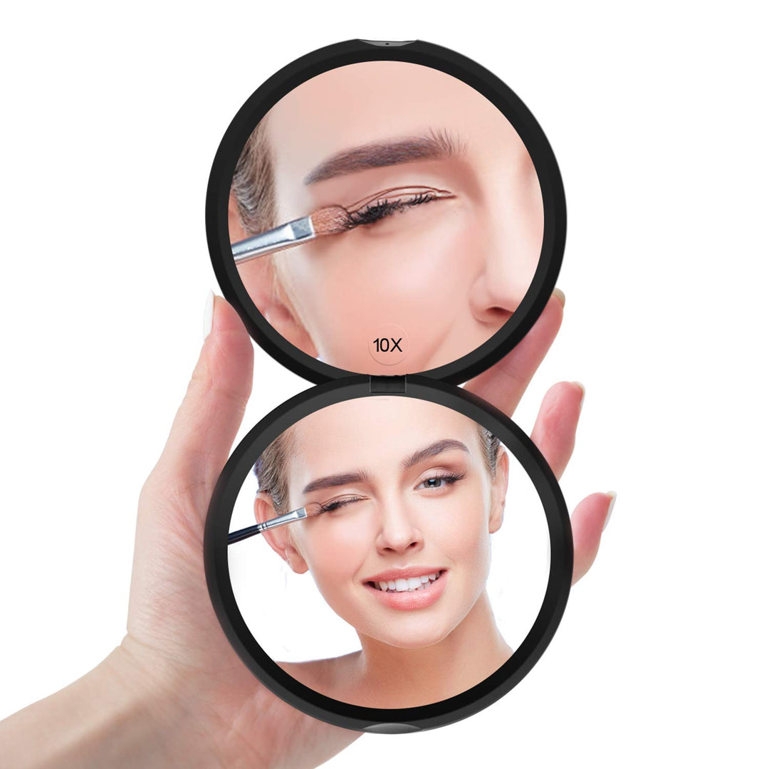 Magnifying Compact Mirror for Purses Double Sided Travel Makeup Mirror with 10X Magnification, 4 Inch Small Pocket Mirror, Portable Folding Great Compact Cosmetic Mirror (Black)