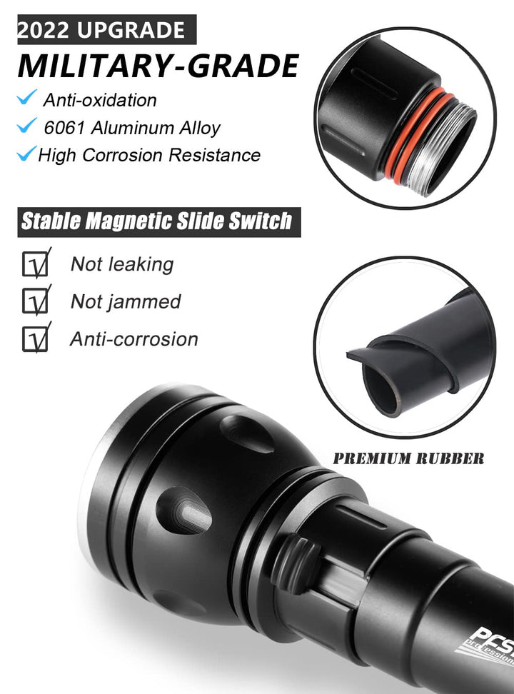 PFSN DF-3000 Professional Underwater Flashlight, 150m Waterproof Dive Torch with Long Lasting Rechargeable Battery, Super Bright Light Great for Night Caving, Explore, Spearfishing