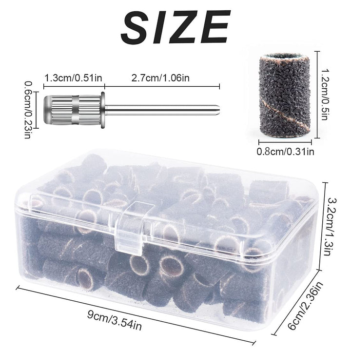 120# professional nail sanding bands for nail drill,drill sanding band with storage box,include 100 medium sand bands and 2 pieces mandrel for most size 3/32 nail drill machine