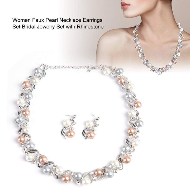 Women Faux Pearl Necklace Earrings Set , Bridal Jewelry Set with Rhinestone Jewelry Lady Mother's Day(silvery white)