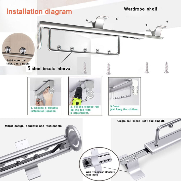 Pull out Closet Valet Rod Adjustable Closet Rod Heavy Duty Retractable Wardrobe Clothes Rail