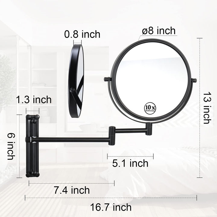 Wall Mounted Makeup Mirror, 10X Magnifying Mirror 8 Height Adjustable Wall Mirror, 360° Extendable Arm Double Sided Vanity Mirror for Bathroom or Bedroom, Black Bathroom Mirror