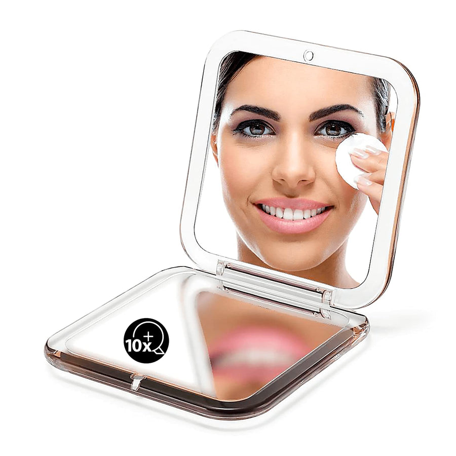 Folding Compact Mirror, 1X/10X(300R) Magnification 3½” Pocket Size Square Hand Mirror for Travel Makeup (Gold)