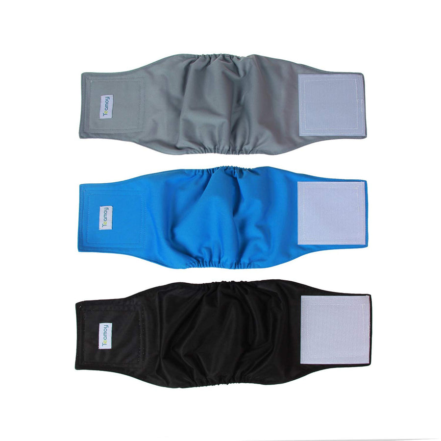 Reusable Wrap Diapers for Male Dogs, Washable Puppy Belly Band Pack of 3 (S, 10-13 Waist, Black+ Gray+ Lake Blue)