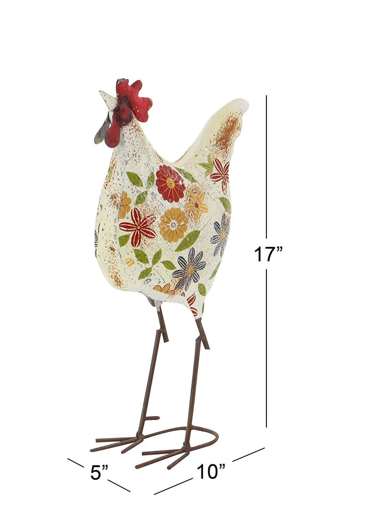 Metal Rooster Decorative Garden Sculpture Indoor Outdoor Distressed Standing Garden Statue with U Shaped Feet, Outdoor Sculpture 10 x 5 x 17, Cream