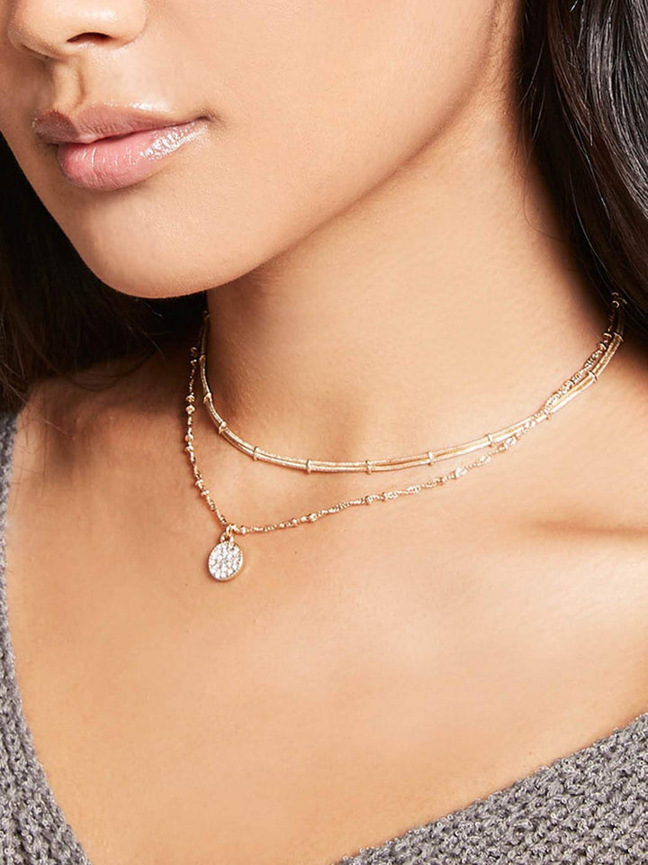 Boho Layered Crystal Pendant Necklace Gold Sparkling Beaded Necklaces Chain Coin Choker Rhinestone Neceklace Jewelry for Women and Girls