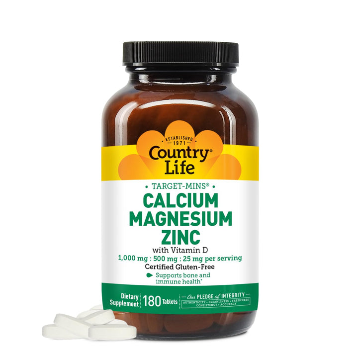 Calcium Magnesium Zinc with Vitamin D3 and L-Glutamic Acid, Dietary Supplement for Bone Support, Certified Gluten Free, 1000mg/500mg/25mg, 180 Tablets