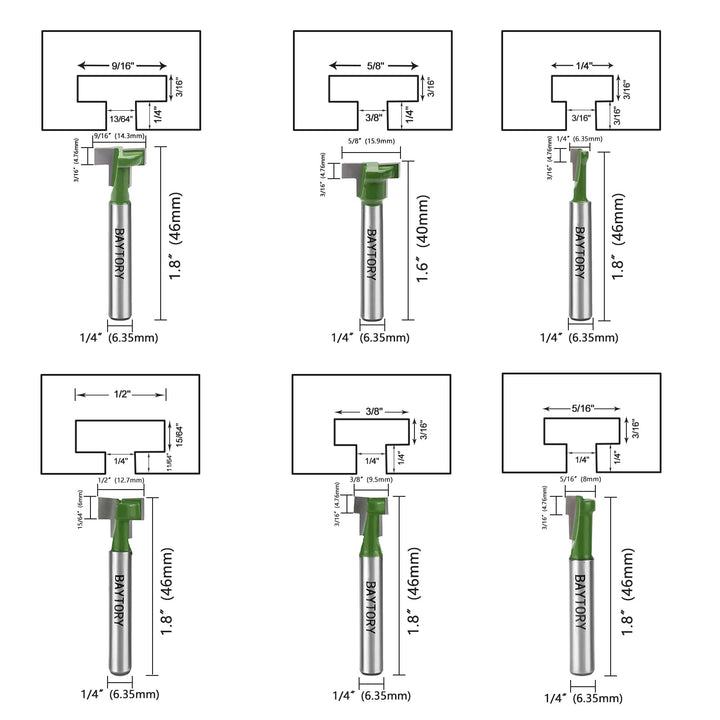 6Pcs Keyhole Router Bits Set, 1/4 Shank Router Keyhole Bit Set -1/4 & 5/16 & 3/8 & 9/16 & 1/2 & 5/8 inch Blade Diameter for Wood Hex Bolt T-Track Slotting Milling Cutters Set (Green)