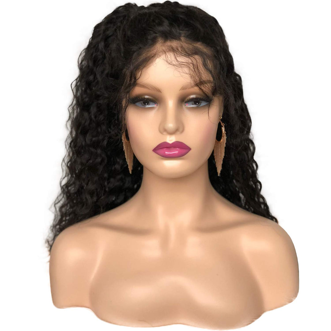 Realistic Female Mannequin Head with Shoulder Manikin PVC Head Bust Wig Head Stand with Makeup for Wigs Display Necklace Earrings Beige