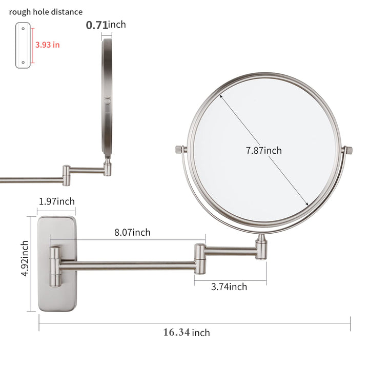 Wall Mount Makeup Mirror, 1X/5X Magnifying Mirror Double Sided, Extendable Magnified Mirror for Shaving and Bathroom Swivel, Brushed Nickel Finish (8 Inch, 5X)