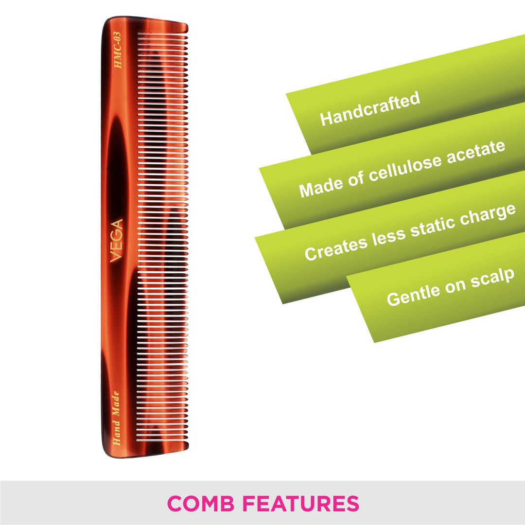 Vega Tortoise All Fine Tooth Dressing Hair Comb ,Handmade, (India's No.1* Hair Comb Brand)For Men and Women, (HMC-03)