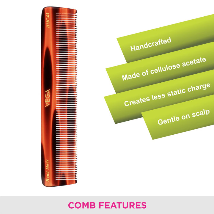Vega Tortoise All Fine Tooth Dressing Hair Comb ,Handmade, (India's No.1* Hair Comb Brand)For Men and Women, (HMC-03)