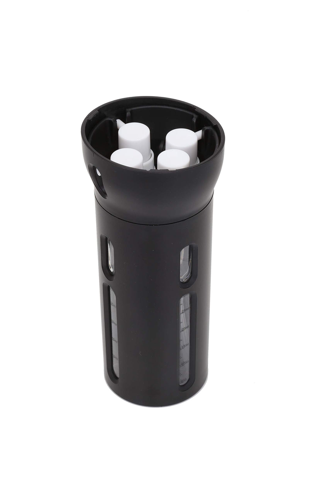 4-in-1 Travel Bottle Dispenser, TSA Approved, Includes Four Empty Reusable 1.4 oz. (40 mL) Cosmetic Toiletry Containers for Sanitizer, Soap, Lotions, Skincare, Makeup Products (Black)