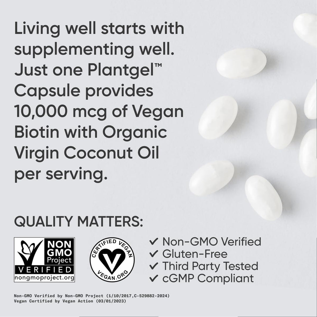 ® Biotin 10,000mcg with Organic Coconut Oil - Biotin (Vitamin B7) for Healthy Skin and Hair Support* - for Women and Men - Vegan, Non-GMO, Gluten & Soy-Free - 120 Veggie Softgels