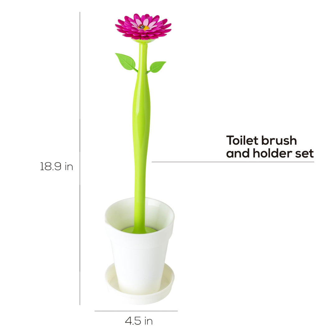 Flower Power Toilet Brush with Holder Set Toilet Brush with Daisy-Shaped Handle, Flowerpot Base with Saucer Durable Bristles for Bathroom, White