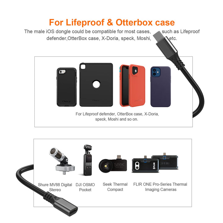 i-OS Extension Cable Adapter Cord Female to Male. 1PCS i-OS Cord Extender for i-OS Phone with Otterbox Defender, Lifeproof Case Made of Black PVC & Aluminum. (1.64 Ft / 0.5 M)