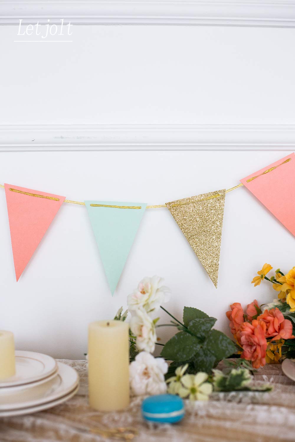 10 Feet Mint Coral New Years Banner Decoration New Year Eve Supplies Paper Banner Garland Glitter Gold Pennant Banner for Baby Shower Birthday Party Nursery Decoration 15 Pieces (Gold Coral Mint)