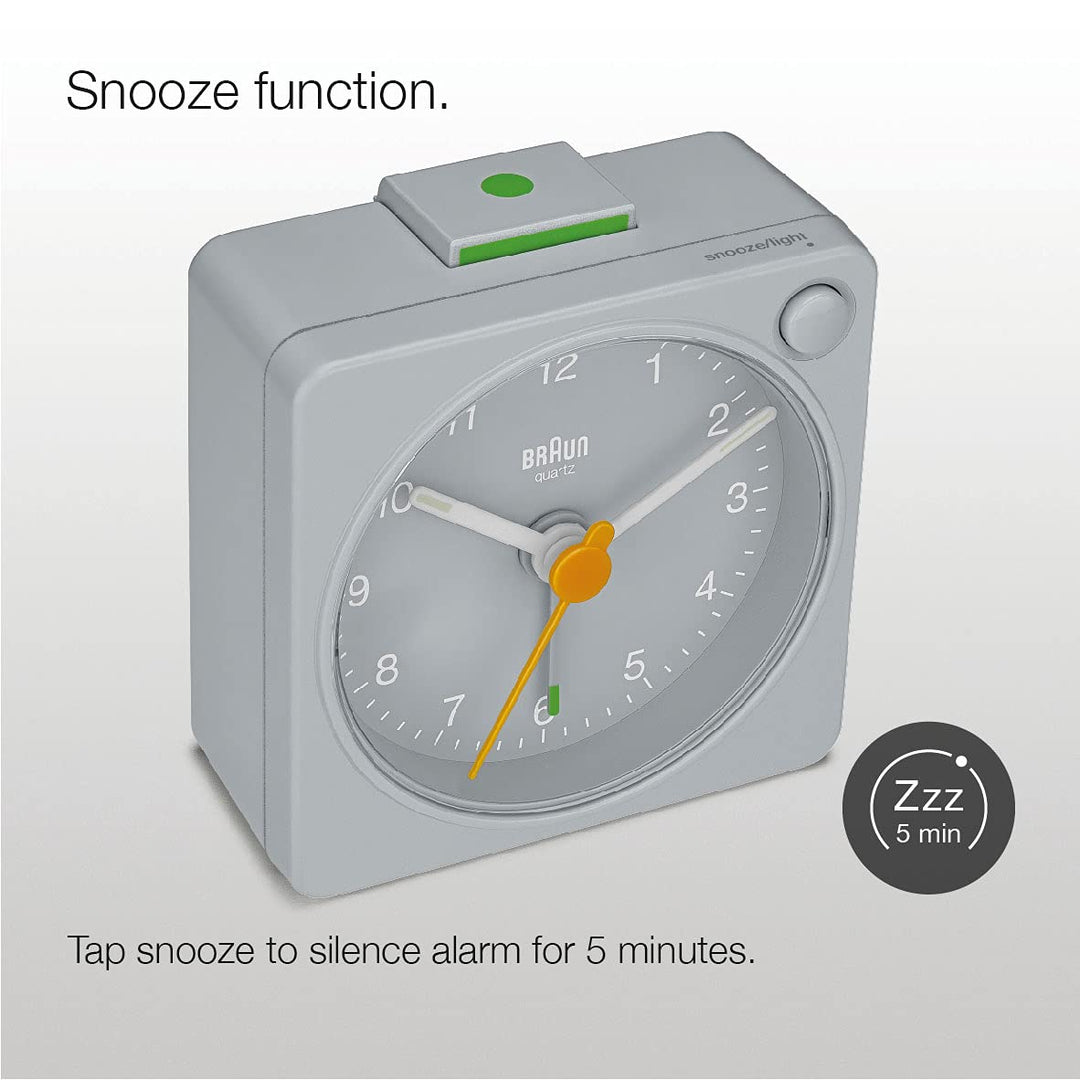 Classic Travel Analogue Alarm Clock with Snooze and Light, Compact Size, Quiet Quartz Movement, Crescendo Beep Alarm in Grey, Model BC02XG
