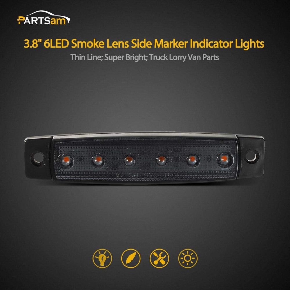 5Pcs 3.8 Thin Amber 6 LED Side Marker Clearance Lights Indicators for 12V Trucks Trailers Lorry Van Bus Pickup, Smoked Lens, Sealed Waterproof