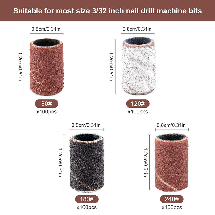 162 Pieces Sanding Bands for Nail Drill Portable Nail Strap Set 3 Color Coarse Fine Grit Efile Sand Set 80#120#180#240#,2 Pieces 3/32 Inch Nail Drill Bits for Manicures and Pedicures