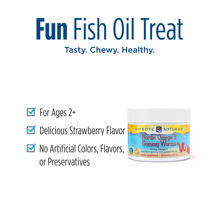 Nordic Omega-3 Gummy Worms, Strawberry - 30 Gummy Worms - 63 mg Total Omega-3s with EPA & DHA - - 30 Servings