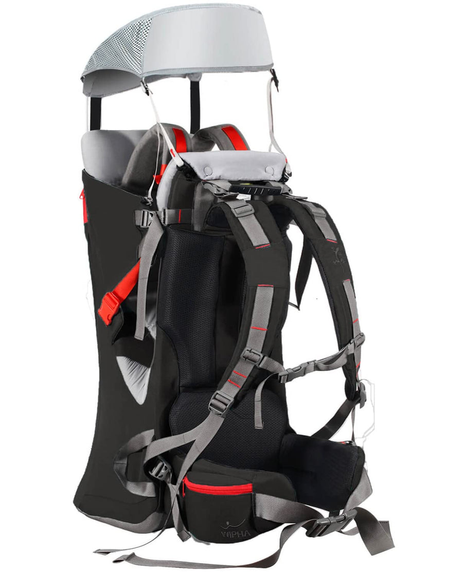 Baby Backpack Carrier, Ergonomic Child Carrier Hiking with Sun Canopy, Safe Toddler Hiking Backpack Carrier with Large Storage Space&Insulated Pocket, Adjustable Padded Child Seat, Black