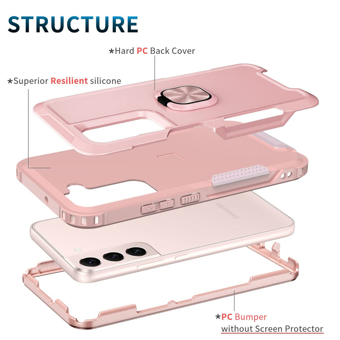 for Samsung Galaxy S22 Plus Case Heavy Duty Full Body Shockproof Kickstand with 360°Ring Holder Support Car Mount Hybrid Bumper Silicone Hard Back Cover for Samsung S22 Plus 6.7 Rose Gold