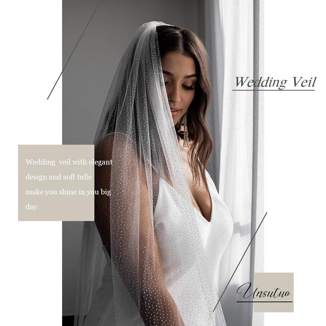 1 Tier Glitter Bride Wedding Veil Fingertip Bachelorette Party Veil Sparking Bridal Veil for Women and Girls (Ivory)