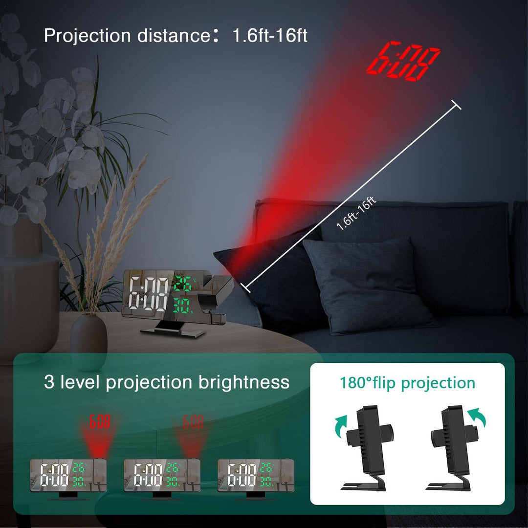 Projection Alarm Clock, LED Alarm Clock, 7.8 Mirror Display Bedroom Clock with 180° Rotatable Projector, Temperature Humidity Display, USB Charging Port, Snooze, Adjustable Brightness