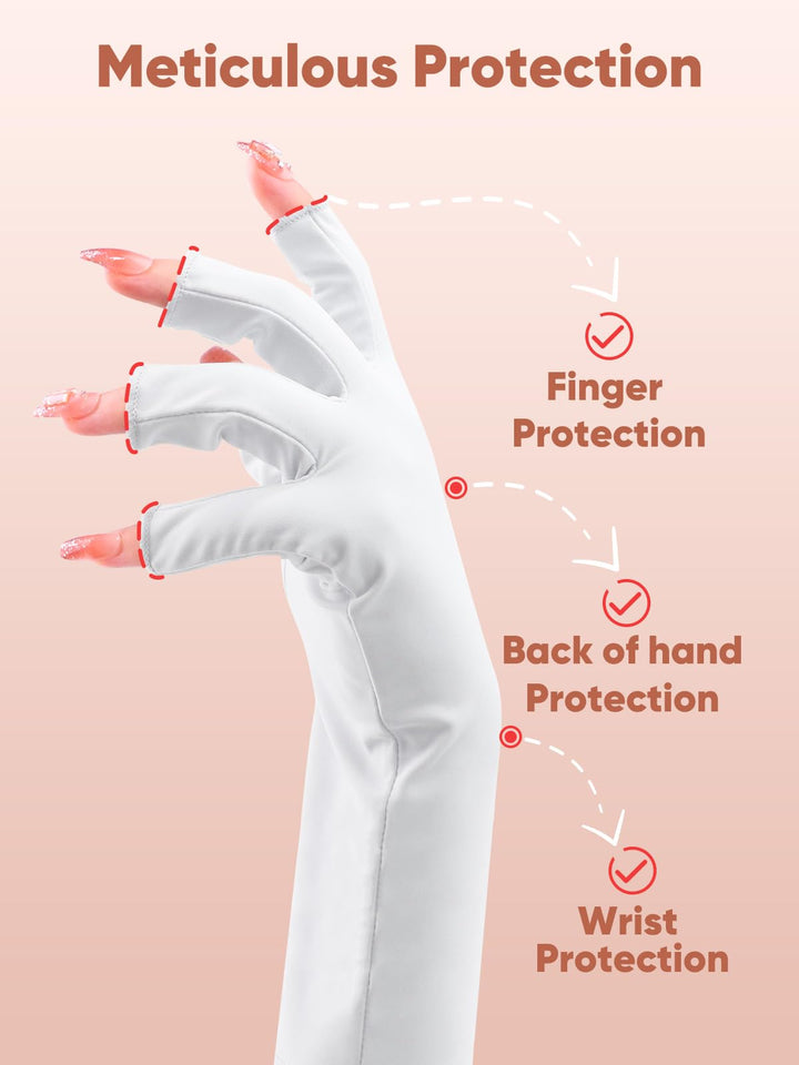 UV Gloves for Gel Nail, UV Protection Fingerless Gloves for Manicures Nail Art, Sun Gloves for Gel Nail Lamp with UPF 50+, Long White