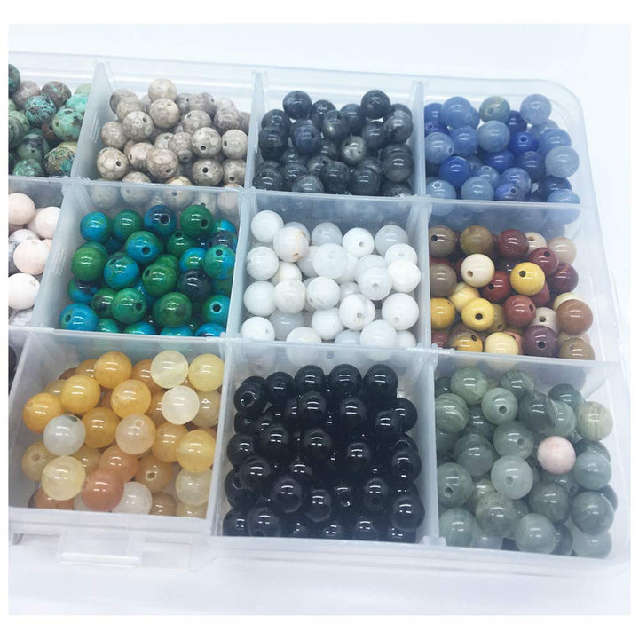 800pcs 6mm Natural & Synthetic Round Stone Beads Gemstone Beading Loose Gemstone Hole Size 1mm DIY Smooth Beads for Bracelet Necklace Earrings Jewelry Making,Box Packed. (15 Material, 6mm)