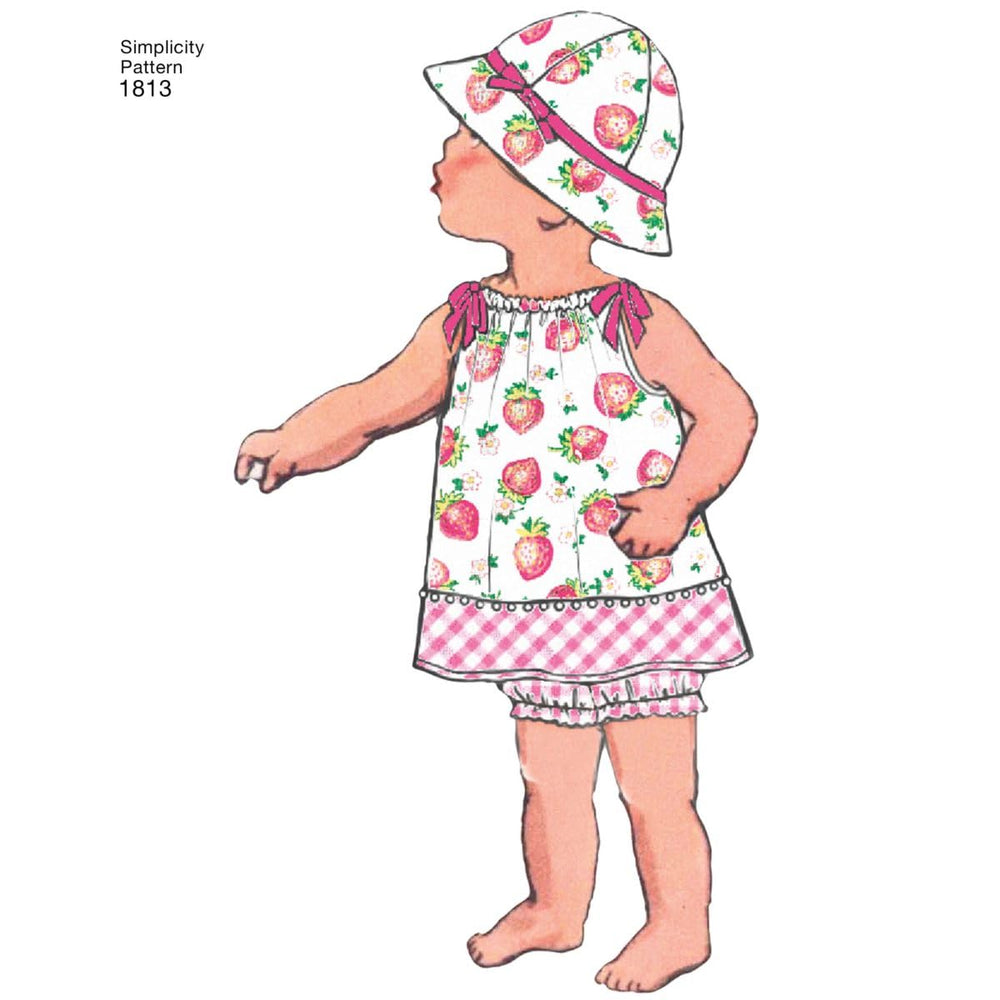 Simplicity 1813 Vintage Fashion Baby's Hat, Underwear, Pants, Top, Romper, and Dress Swing Patterns, Sizes XXS-L