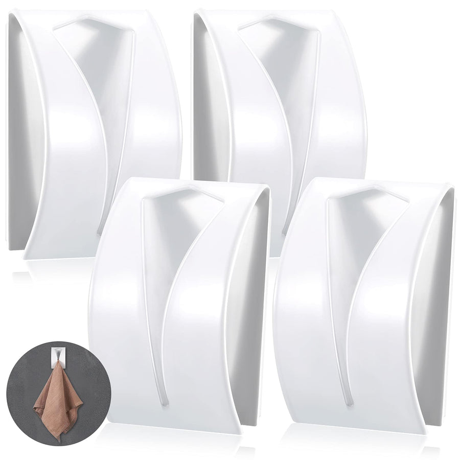 4 Pcs Self Adhesive Towel Hook Holder Grabber Stainless Steel Kitchen Dish Towel Hook Wall Mount Non Drilling Towel Hangers Rack Hand Towel Hook Tea Towel Holders for Bathroom (White)
