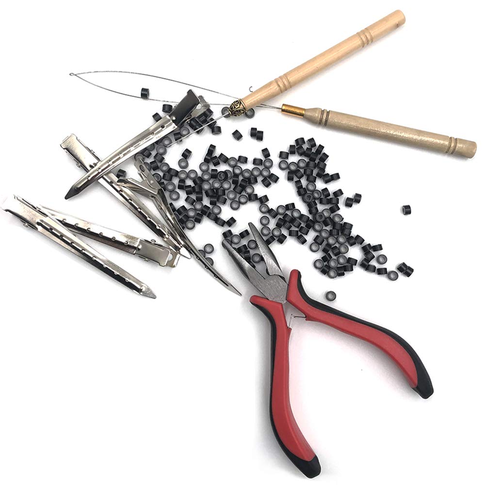 Hair Extension Kit, Pliers Pulling Hook Bead Device Tool Kit 200 Pcs Black Silicone Lined Micro Rings Beads 2 Pcs Combs 5 Pcs Silver Metal Alligator Hair Pins for Hair Styling Tools Accessory