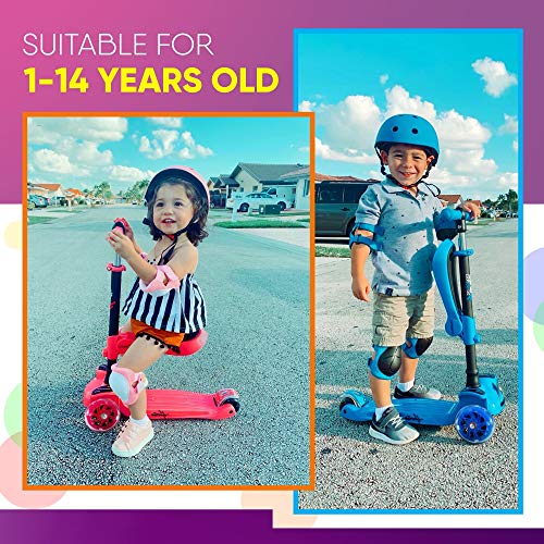 Kids Scooter - Child Toddler Kick Scooter Toy with Foldable Seat - 3 Wheel Scooter with Adjustable Height, Anti-Slip Deck, Flashing Wheel Lights, for Boys/Girls 1-12 Year Old, Pink