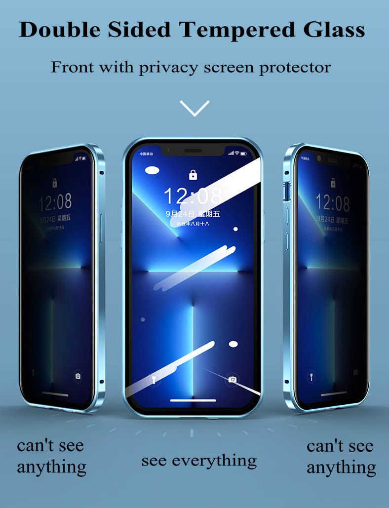 iPhone 13 Pro Max Privacy Case, Double Sided Buckle Phone Case with Camera Cover,Anti Peeping Two Side Tempered Glass Full Body Protection Metal Bumper Case (iPhone 13 pro max, Sierra Blue)