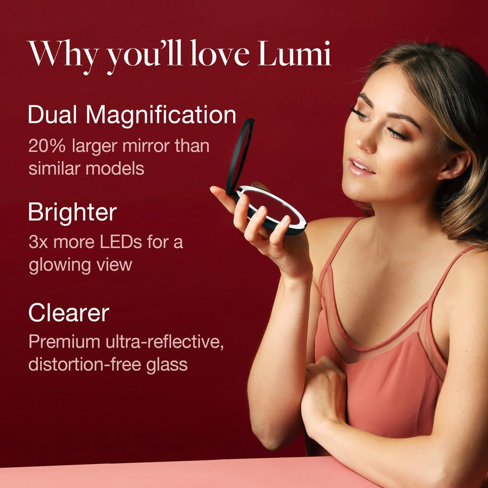 LED Lighted Travel Makeup Mirror, 1x/10x Magnification - Daylight LED, Compact, Portable, Large 5 Wide Illuminated Folding Mirror (Lumi) Rose Gold