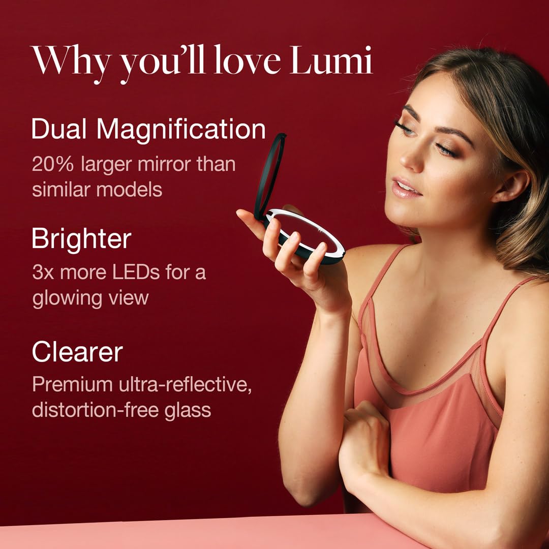 LED Lighted Travel Makeup Mirror, 1x/10x Magnification - Daylight LED, Compact, Portable, Large 5 Wide Illuminated Folding Mirror (Lumi) Rose Gold